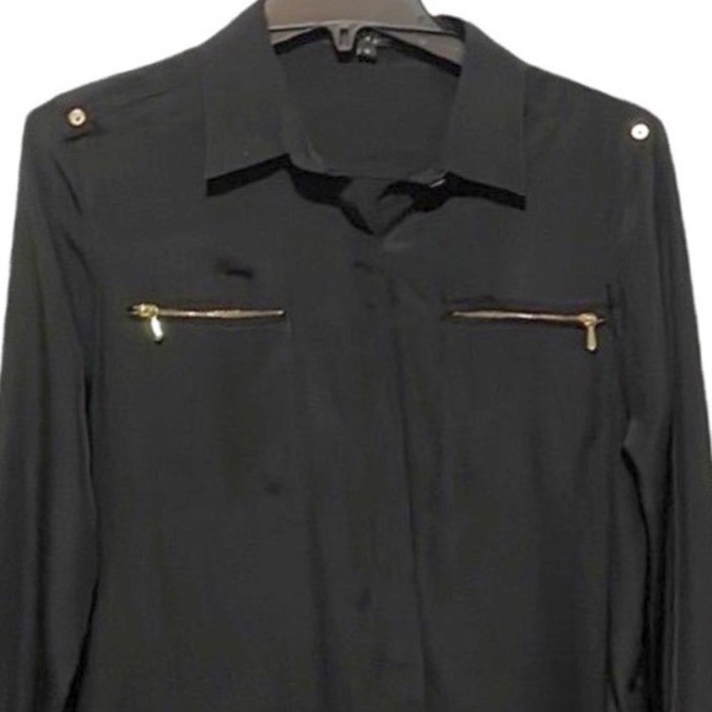 Velvet Heart Button Down Shirt Size Small Black Gold Zipper Pockets Long Sleeve